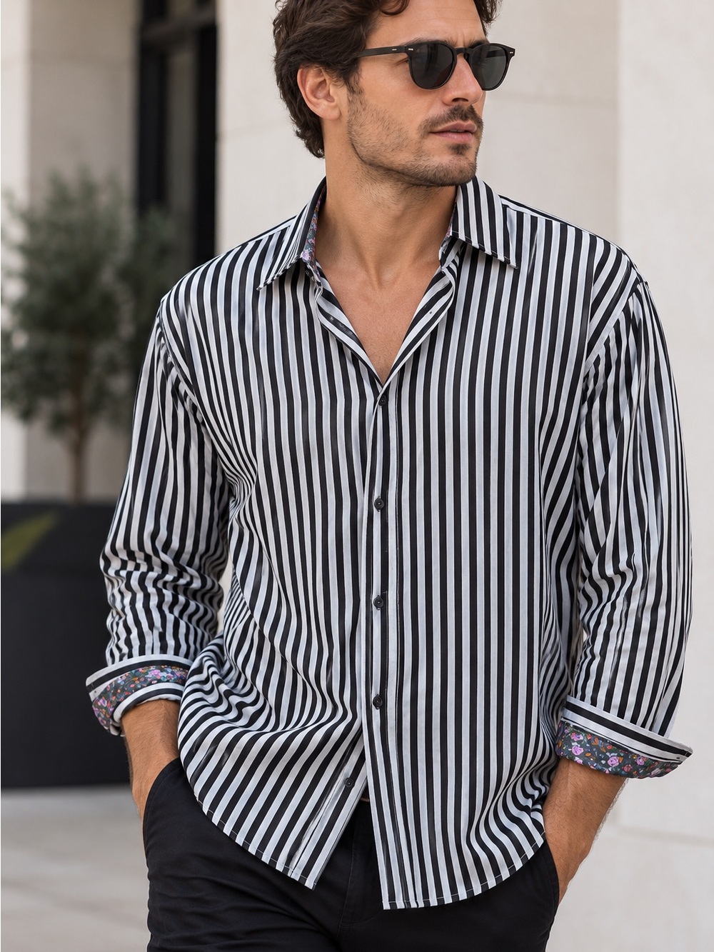 Robert Graham ($300) Mens Black & White Striped Flip Cuff Button Down Floral